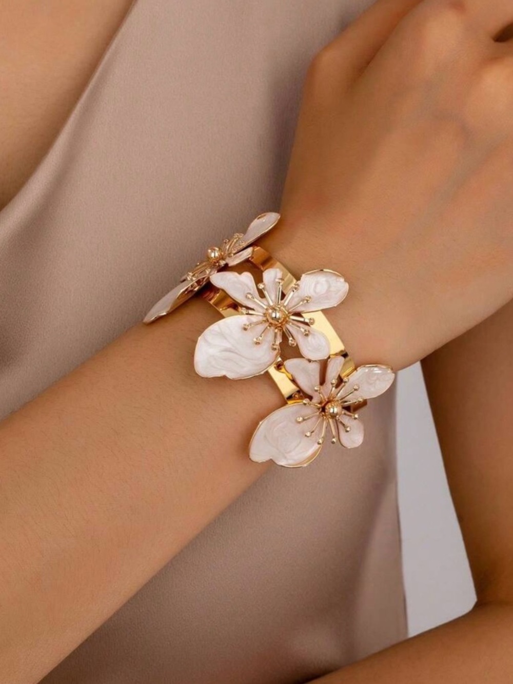 Gold Floral Bracelet with White Mother-of-Pearl Petals